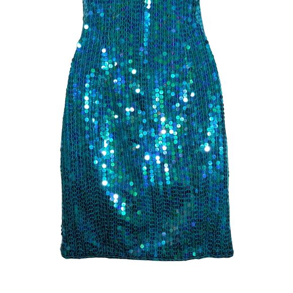 Vintage 90s Teal Sequin Mini Dress Concert Party Cocktail Sleeveless Mermaid - Picture 7 of 13